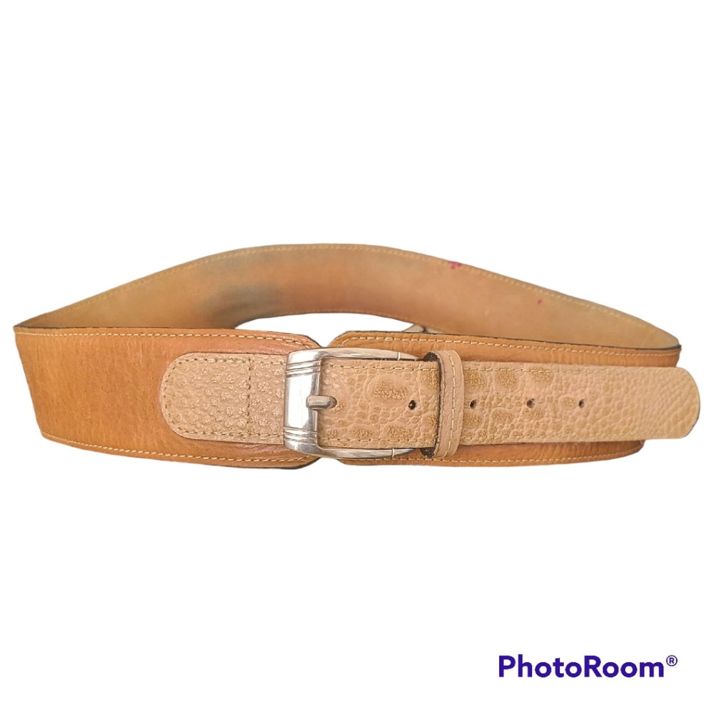 VINTAGE Brown Tan leather animal print front leather waist belt